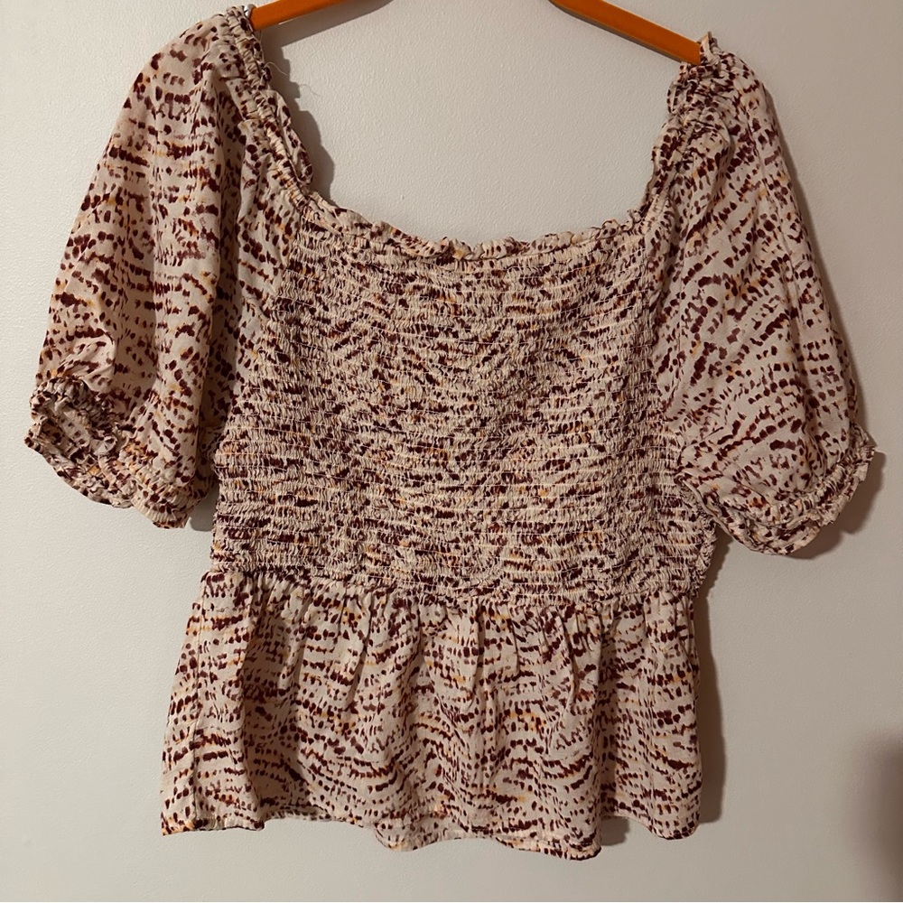 Old Navy Red and Cream Puff Sleeve Peplum Blouse Medium Boho Summer Spring‎ - Picture 9 of 14